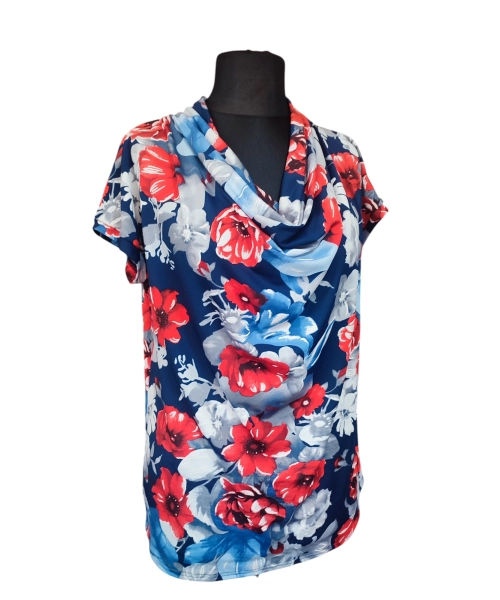 Bluzka kimono z luźnym dekoltem - granatowa czerwone kwiaty